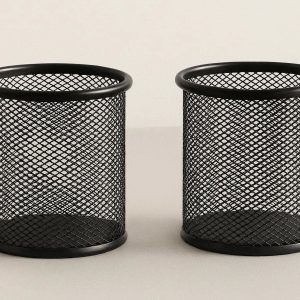 Mesh Metal Pen Holder for Desk Set of 2 Classic Round Pencil Cup for Office School and Home Stationery Organization Heavy Duty Black