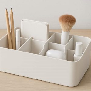 White Plastic Desktop Storage Box with Adjustable Dividers Minimalist Office Organizer for Stationery Makeup and Small Electronics Home Decor