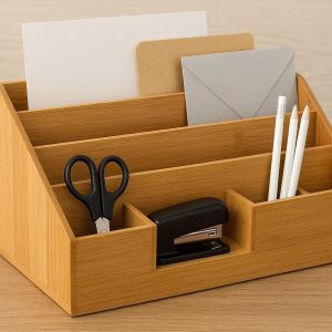 Natural Bamboo Desktop Organizer with 5 Compartments Eco Friendly Office Storage Caddy for Documents Mail and Stationery Accessories Wood