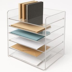 Clear Acrylic Desktop Organizer with 6 Tiers Vertical Office Supply Storage Rack for Notebooks Files and Envelopes Transparent Modern Design