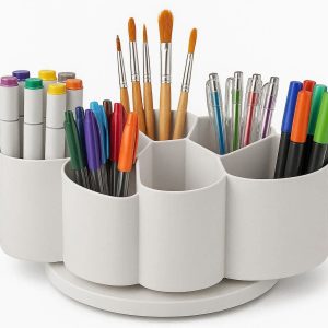 Rotating Desktop Organizer 360 Degree Spinning Office Supply Caddy for Art Supplies Markers Pens and Brushes with 5 Large Slots White