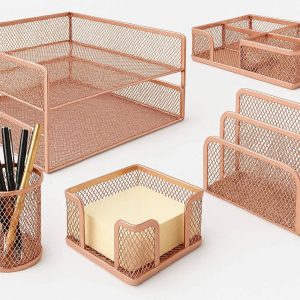 Rose Gold Mesh Desktop Organizer Set of 5 Decorative Office Accessories including Pen Holder Letter Tray and Sticky Note Holder for Women