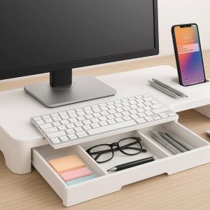 Desktop Monitor Stand Riser with Storage Drawer and Phone Holder Ergonomic Office Desk Organizer for Computer Laptop and Stationery White