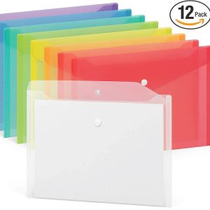 Clear Plastic File Folders with Snap Button Set of 12 Transparent Document Envelopes for Letter Size Paper and School Office Supplies Multi