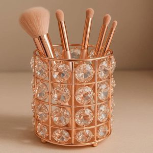 Rose Gold Crystal Pen Holder for Desk Luxury Makeup Brush Organizer Decorative Stationery Cup for Women Office Decor and Gift Bling Design