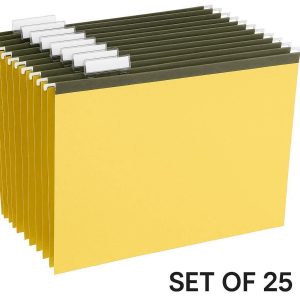 Hanging File Folders Letter Size Set of 25 Reinforced Document Folders with Adjustable Plastic Tabs and Labels for Filing Cabinet Organization