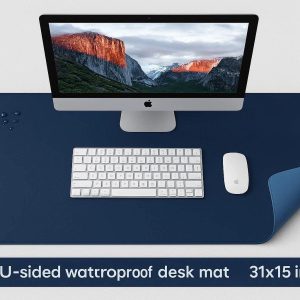 PU Leather Desk Mat Dual Sided Waterproof Large Mouse Pad and Writing Blotter for Office and Home Desktop Protection 31x15 Inch Navy Blue