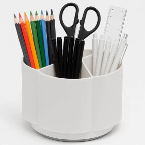 Rotating Pen Holder for Desk 360 Degree Spinning Pencil Organizer with 3 Compartments for Art Supplies Markers and Office Stationery White