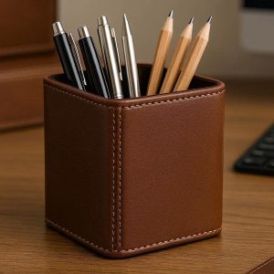 Square Leather Pen Holder for Desk Premium PU Leather Pencil Cup with Soft Velvet Lining for Office Stationery and Executive Desk Decor Brown