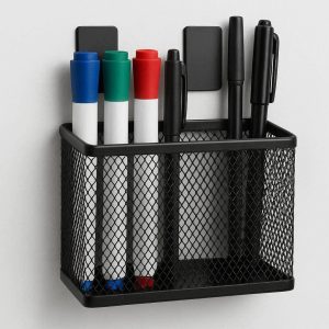 Magnetic Pen Holder for Whiteboard and Refrigerator Metal Mesh Stationery Caddy with Strong Magnets for Dry Erase Markers and Pens Black