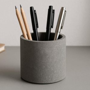 Concrete Pen Holder for Desk Modern Industrial Style Pencil Cup for Minimalist Office Decor and Stationery Organization Heavy Duty Grey