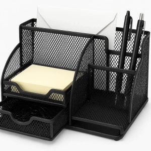 Multi Functional Desktop Organizer with Drawer Mesh Metal Office Supply Storage Caddy for Pens Notepads and Mail Accessories Space Saving Black